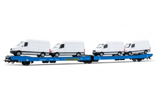 Rivarossi HR6500 Transwaggon, 3-achs. Tiefladewagen Laads, in blauer Lackierung, beladen mit Kleintr
